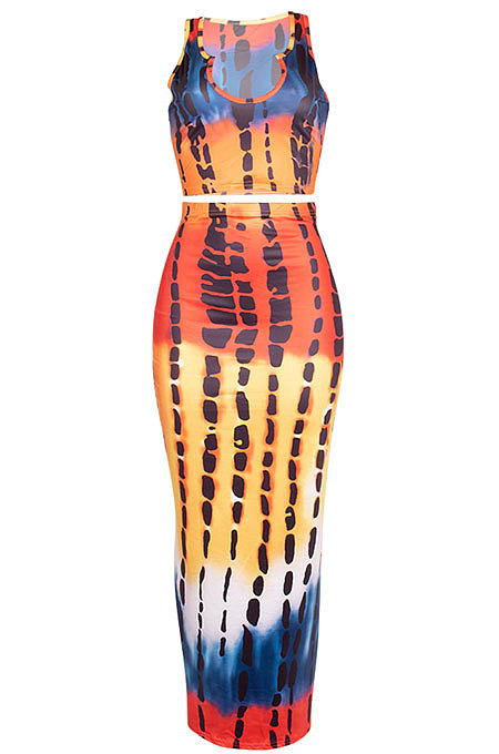 Blue Orang Wave Women Sexy Tank U Neck Tie Dye Printing Skirts Sets Q923-2