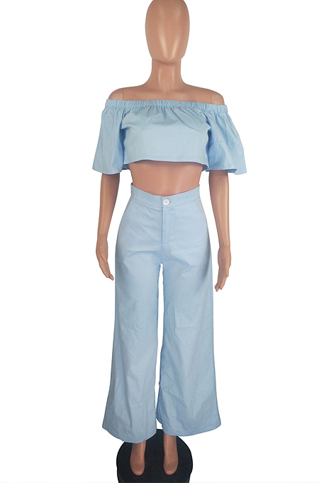 Light Blue Causal Short Sleeve A Word Shoulder Strapless High Waist Wide Leg Pnats Jean Sets HXY8024-2