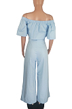 Light Blue Causal Short Sleeve A Word Shoulder Strapless High Waist Wide Leg Pnats Jean Sets HXY8024-2