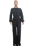 Black Euramerican Women Sexy Pure Color Long Sleeve Tied Casual jumpsuits LD8602-3