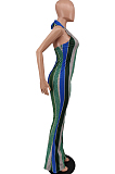 Red Night Club Stripe Printing Halter Neck V Collar Backless Slim Fitting Wide Leg Jumpsuits HXY8055-1