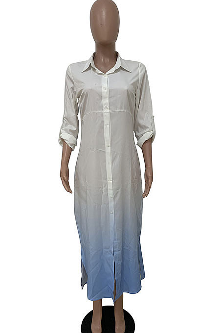 Green Women Gradient Cardigan Long Sleeve Mid Waist Irregular Long Dress T Shirt/Shirt Dress LD81037-2