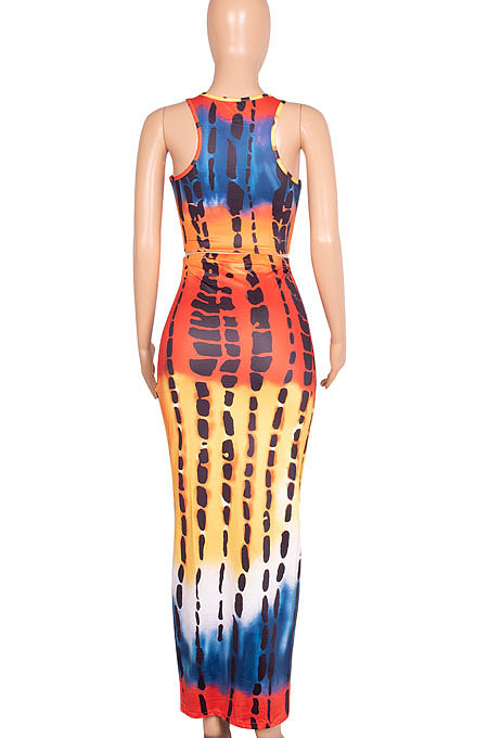 Multicolor Orange Women Sexy Tank U Neck Tie Dye Printing Skirts Sets Q923-1
