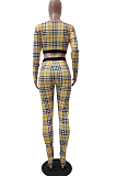 Orange New Women Plaid Printing Long Sleeve U Neck Crop Top High Waist Bodycon Pants Two-Piece TRS1170-1