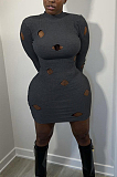 Gray Cotton Blend Sexy Hollow Out Long Sleeve O Collar Bodycon Solid Color Hip Mini Dress WY6834-1