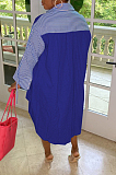 Blue Casual Women Stripe Spliced Long Sleeve Lapel Neck Single-Breasted Loose Shirt Dress WY6839-2