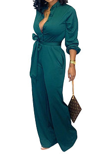 Green Euramerican Women Sexy Pure Color Long Sleeve Tied Casual jumpsuits LD8602-2