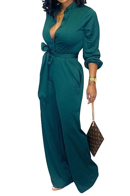Green Euramerican Women Sexy Pure Color Long Sleeve Tied Casual jumpsuits LD8602-2