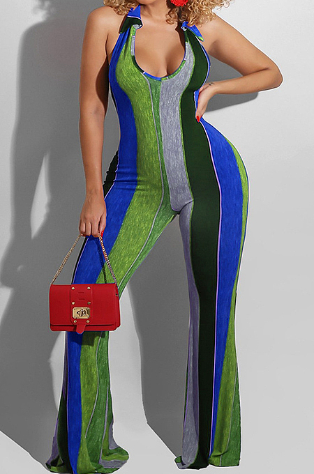 Blue Night Club Stripe Printing Halter Neck V Collar Backless Slim Fitting Wide Leg Jumpsuits HXY8055-2