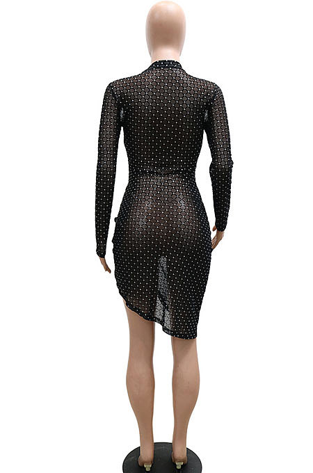 Black Net Cloth Pure Color Long Sleeve Round Neck Split Mini Dress YF9172