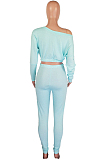Black Fashion Long Sleeve Oblique Shoulder Dew Belly High Waist Bodycon Pants Solid Colur Sport Sets HXY8027-3