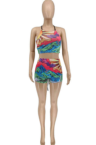 Multicolor Women Trendy Printing Condole Belt Tied Backless Shorts Sets WME2062