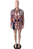 Blue New Women Printing Long Sleeve Lapel Collar Single-Breasted Irregularity Shirt Dress QY5081-1