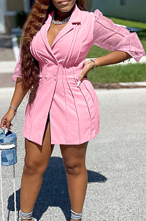 Pink Simplee Lantern Sleeve Lapel Neck Double-Breasted Slim Fitting Small Suits ALS262-4