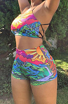 Multicolor Women Trendy Printing Condole Belt Tied Backless Shorts Sets WME2062