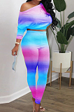 Pink Red Green Cotton Blend Gradient Long Sleeve Obique Shoulder Dew Belly High Waist Tight Pants Sport Sets HXY8032-5