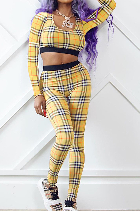 Pink New Women Plaid Printing Long Sleeve U Neck Crop Top High Waist Bodycon Pants Two-Piece TRS1170-3