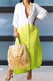 Green Women Gradient Cardigan Long Sleeve Mid Waist Irregular Long Dress T Shirt/Shirt Dress LD81037-2