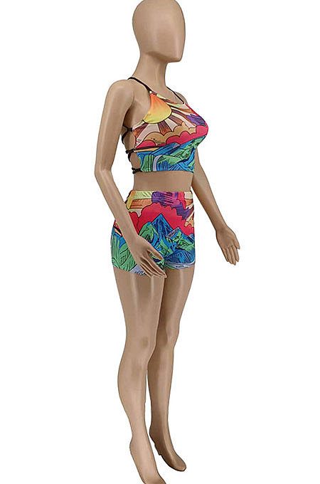 Multicolor Women Trendy Printing Condole Belt Tied Backless Shorts Sets WME2062
