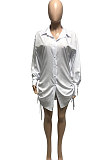 Black Women Hollow Out Tied Loose Pure Color Turn-Down Collar Mini Dress T Shirt/Shirt Dress Q933-2