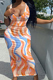 Multicolor Orange Women Sexy Tank U Neck Tie Dye Printing Skirts Sets Q923-1