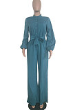 Blue Euramerican Women Sexy Pure Color Long Sleeve Tied Casual jumpsuits LD8602-4