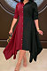 Wine Red Fashion Casual Contrast Color Long Sleeve Turn-Down Collar Irregular Mid Dress T Shirt/Shirt Dress ML7455-2