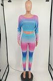 Pink Red Green Cotton Blend Gradient Long Sleeve Obique Shoulder Dew Belly High Waist Tight Pants Sport Sets HXY8032-5