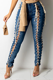 Blue Women Eyelet Lacing Tight Mid Waist Pencil Pants LD81026