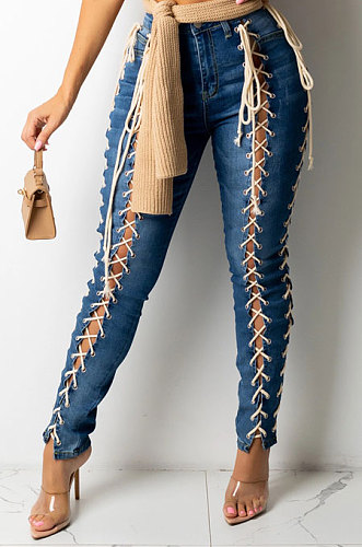 Blue Women Eyelet Lacing Tight Mid Waist Pencil Pants LD81026