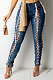 Blue Women Eyelet Lacing Tight Mid Waist Pencil Pants LD81026