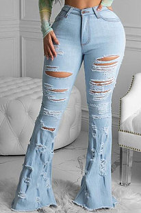 Light Blue Euramerican Women Hole Tassel Mid Waist Tight Flare Leg Pants LD8689