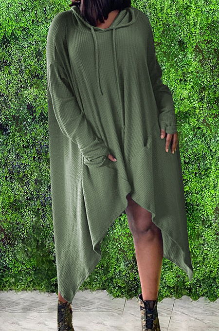 Army Green Cotton Blend Casual Long Sleeve Hoodie Loose Solid Color Irregularity T-Shirt Dress QSS51032