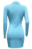 Orange Ribber Single-Breasted Long Sleeve Turn-Down Collar Solid Color Hip Sexy Mini Dress Q931-2
