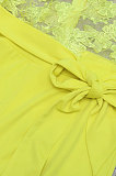 Yellow Mid Waist Long Pants Embroidered Cloth Waistband Wide Leg Jumpsuits YF9064