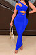 Blue Euramerican Women Condole Blet Dew Waist Backless Bandage Pure Color Long Dress CY1324-4