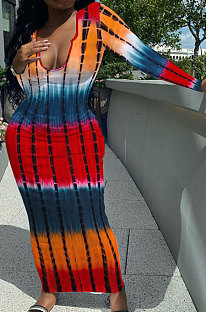 Multicolor Women Tie Dye Ribber Positioning Printing Bodycon Long Sleeve Sexy Long Dress Q922-1