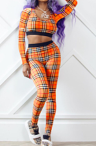 Orange New Women Plaid Printing Long Sleeve U Neck Crop Top High Waist Bodycon Pants Two-Piece TRS1170-1