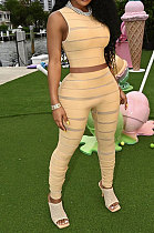 Yellow Women Fashion Casual Strap Printing Bodycon Sleeveless Tank Pants Sets ML7453-1