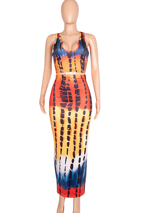 Blue Orang Wave Women Sexy Tank U Neck Tie Dye Printing Skirts Sets Q923-2