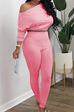 Black Fashion Long Sleeve Oblique Shoulder Dew Belly High Waist Bodycon Pants Solid Colur Sport Sets HXY8027-3
