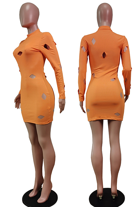 Pink Cotton Blend Sexy Hollow Out Long Sleeve O Collar Bodycon Solid Color Hip Mini Dress WY6834-3