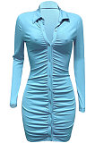 Orange Ribber Single-Breasted Long Sleeve Turn-Down Collar Solid Color Hip Sexy Mini Dress Q931-2