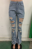 Light Blue Euramerican Women Hole Tassel Mid Waist Tight Flare Leg Pants LD8689
