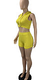 Yellow Women Trendy Sport Solid Color Slim Fitting Hoodie Sleeveless Zipper Shorts Sets ML7456-1