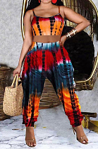 Red New Colorful Tie Dye Printing Condole Belt Crop Top High Waist Wide Leg Pants Two-Piece HMR6033 