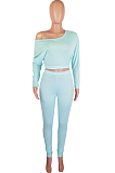 Gray Fashion Long Sleeve Oblique Shoulder Dew Belly High Waist Bodycon Pants Solid Colur Sport Sets HXY8027-2