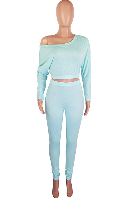 Gray Fashion Long Sleeve Oblique Shoulder Dew Belly High Waist Bodycon Pants Solid Colur Sport Sets HXY8027-2