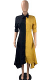Wine Red Fashion Casual Contrast Color Long Sleeve Turn-Down Collar Irregular Mid Dress T Shirt/Shirt Dress ML7455-2
