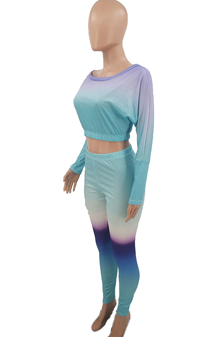 Yellow Red Cotton Blend Gradient Long Sleeve Obique Shoulder Dew Belly High Waist Tight Pants Sport Sets HXY8032-1